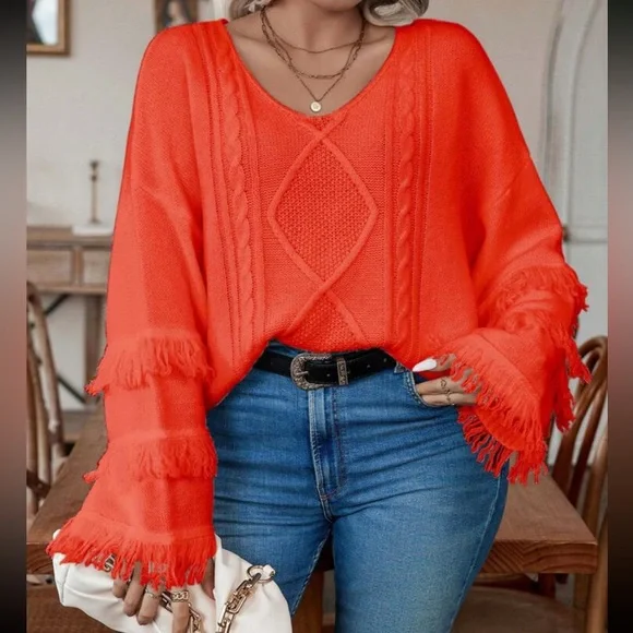 Plus size cozy fringe detail cable knit sweater top